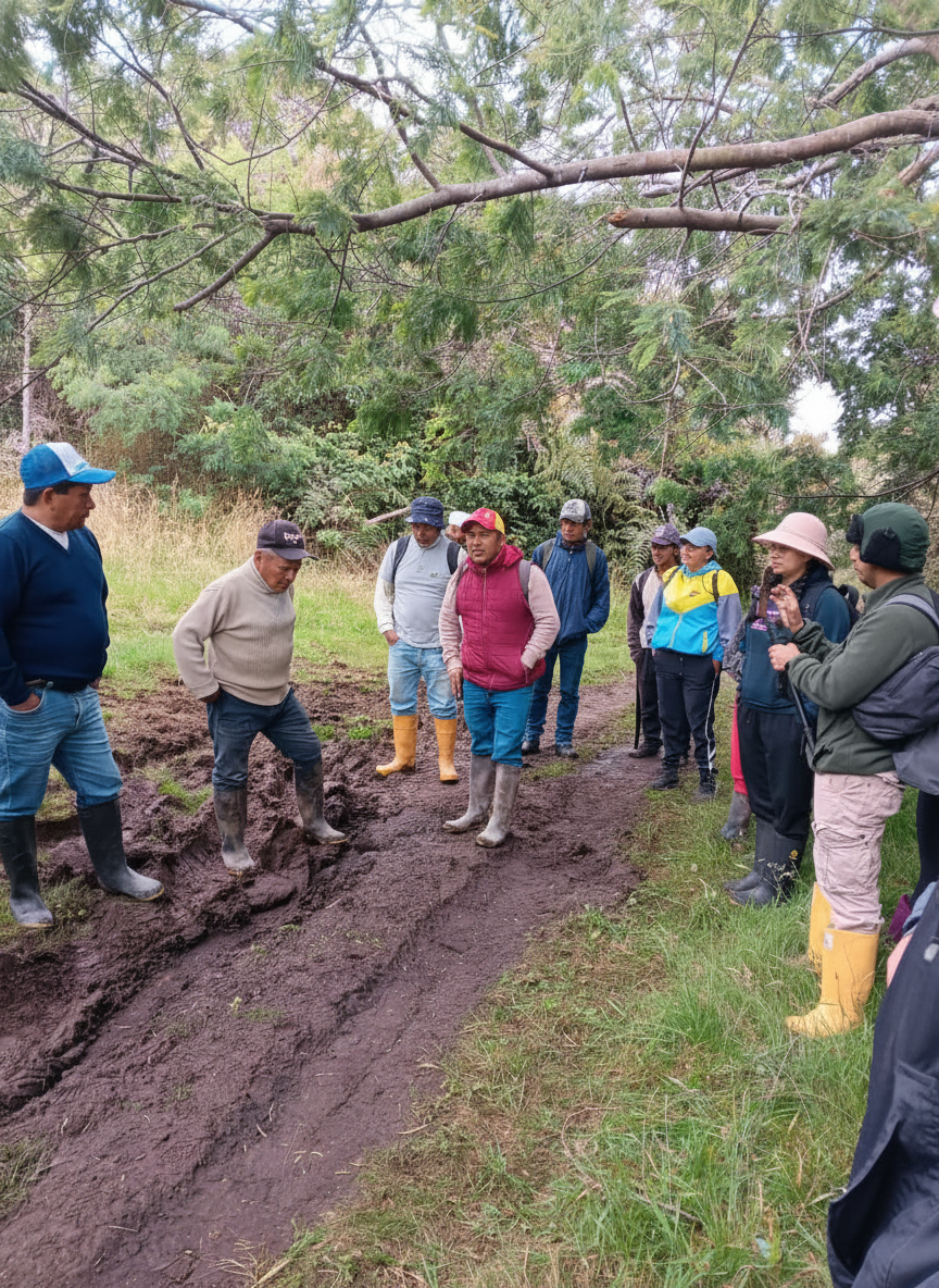 Enhance and upscale this existing photo of a group of people standing on a muddy trail in an Andean landscape with trees and vegetation. Make the image sharper, clearer, and higher resolution in appearance. Increase the detail and texture in the clothing, faces, soil, grass, tree branches and leaves. Boost the natural colors — the greens of the vegetation, the earth tones of the soil. Improve overall clarity and sharpness as if it were shot with a high-quality camera. Keep the scene, composition, and all people exactly as they are — do not change or alter any element, just enhance the quality, sharpness, and detail throughout.