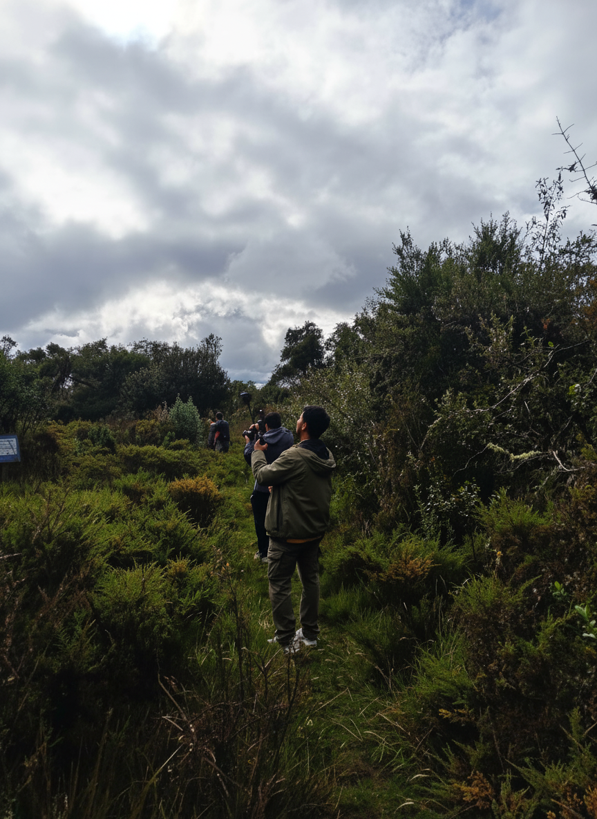 Edit this existing photo of a person photographing in an Andean landscape surrounded by dense dark vegetation and shrubs, with a dramatic cloudy sky above. Keep the composition, sky, and all elements exactly as they are. Only brighten and lighten the vegetation and landscape below — the dark green bushes, shrubs, grass and trees should become more visible, lighter and clearer, as if better exposed. Increase brightness and lift the shadows in the vegetation areas specifically. The sky should remain unchanged — keep the dramatic grey cloudy sky as is. The result should feel like the photo was taken with better lighting or exposure on the landscape portion.